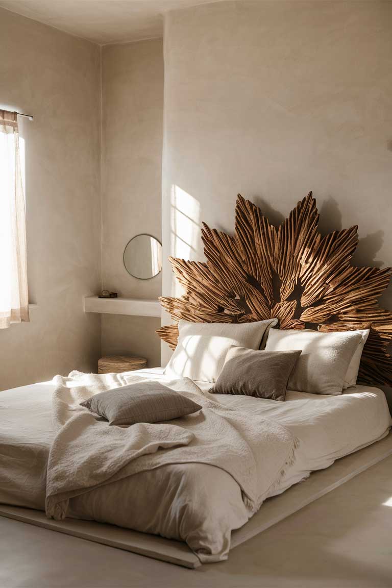 A tiny minimalist bedroom with mostly neutral decor, but featuring a standout handcrafted wooden headboard that adds warmth and character to the space.