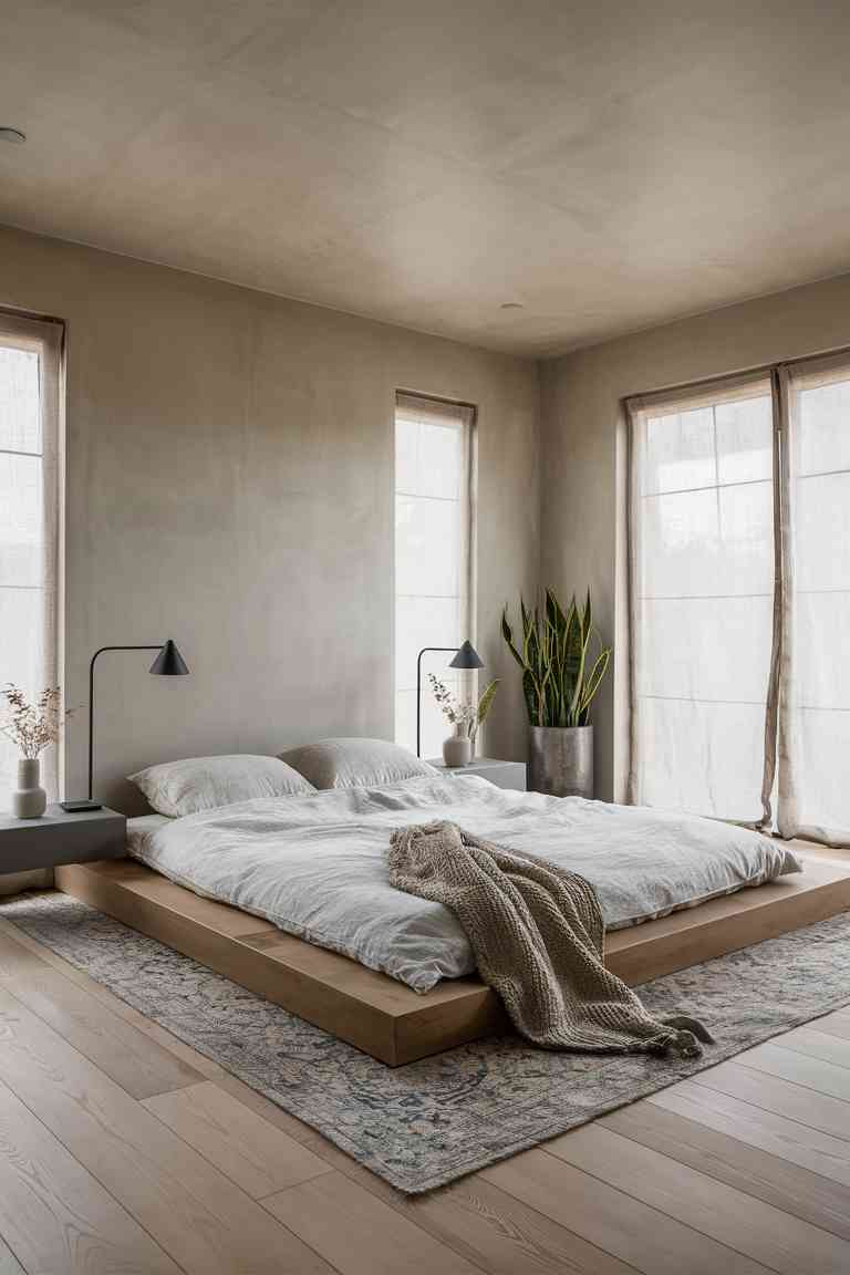 A wide-angle view of a minimalist Japandi bedroom. The room features a low wooden platform bed with crisp white linens, flanked by simple floating nightstands. In the corner, a tall snake plant in a sleek, cylindrical pot serves as the room's focal point. The walls are a soft, warm gray, and natural light streams in through large windows with sheer linen curtains. The overall effect is serene and uncluttered.