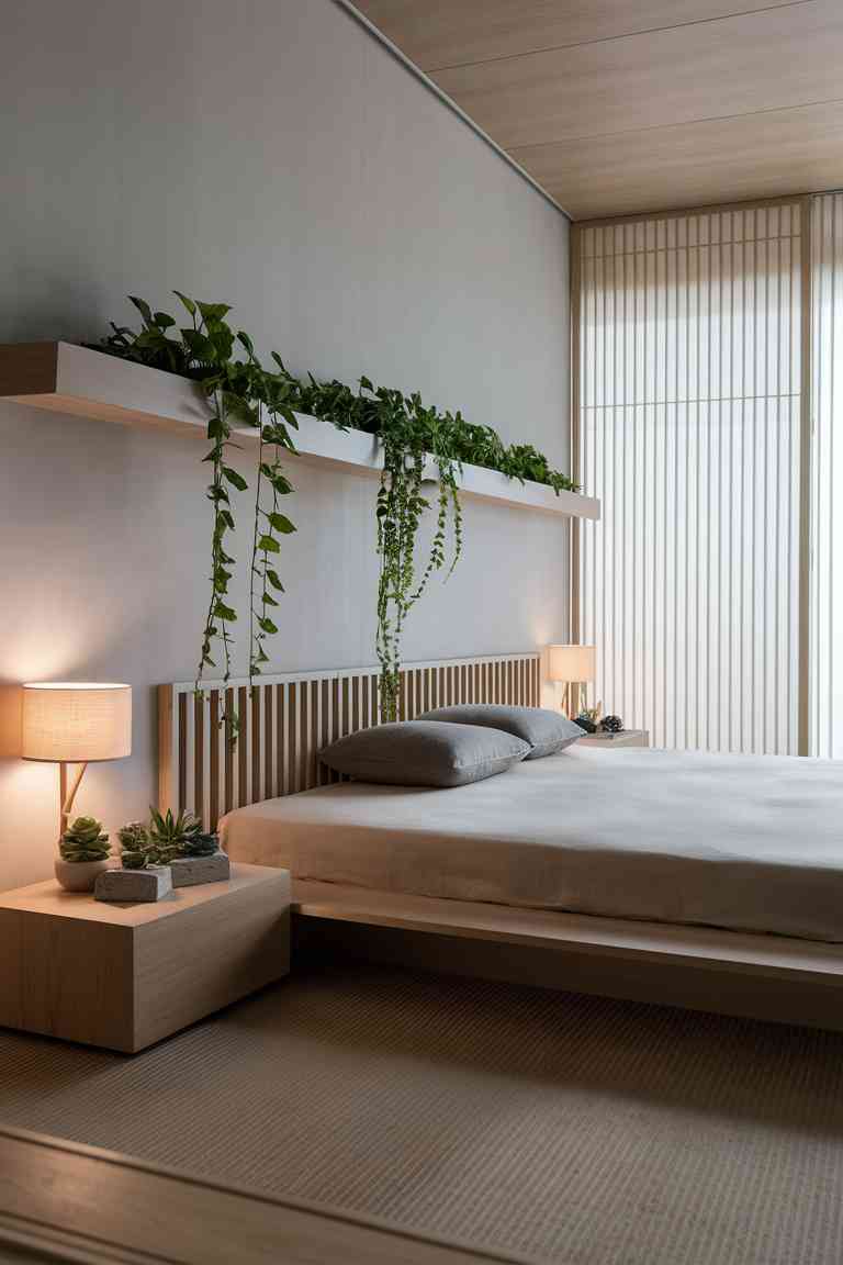 A modern Japandi bedroom featuring a low bed with a slatted wooden headboard against a light gray wall. Above the bed, a long floating shelf holds a trailing pothos plant in a sleek, white ceramic planter. On either side of the bed, minimalist nightstands hold small geometric planters with succulents. A large window with sheer curtains allows plenty of natural light, highlighting the room's clean lines and natural textures.