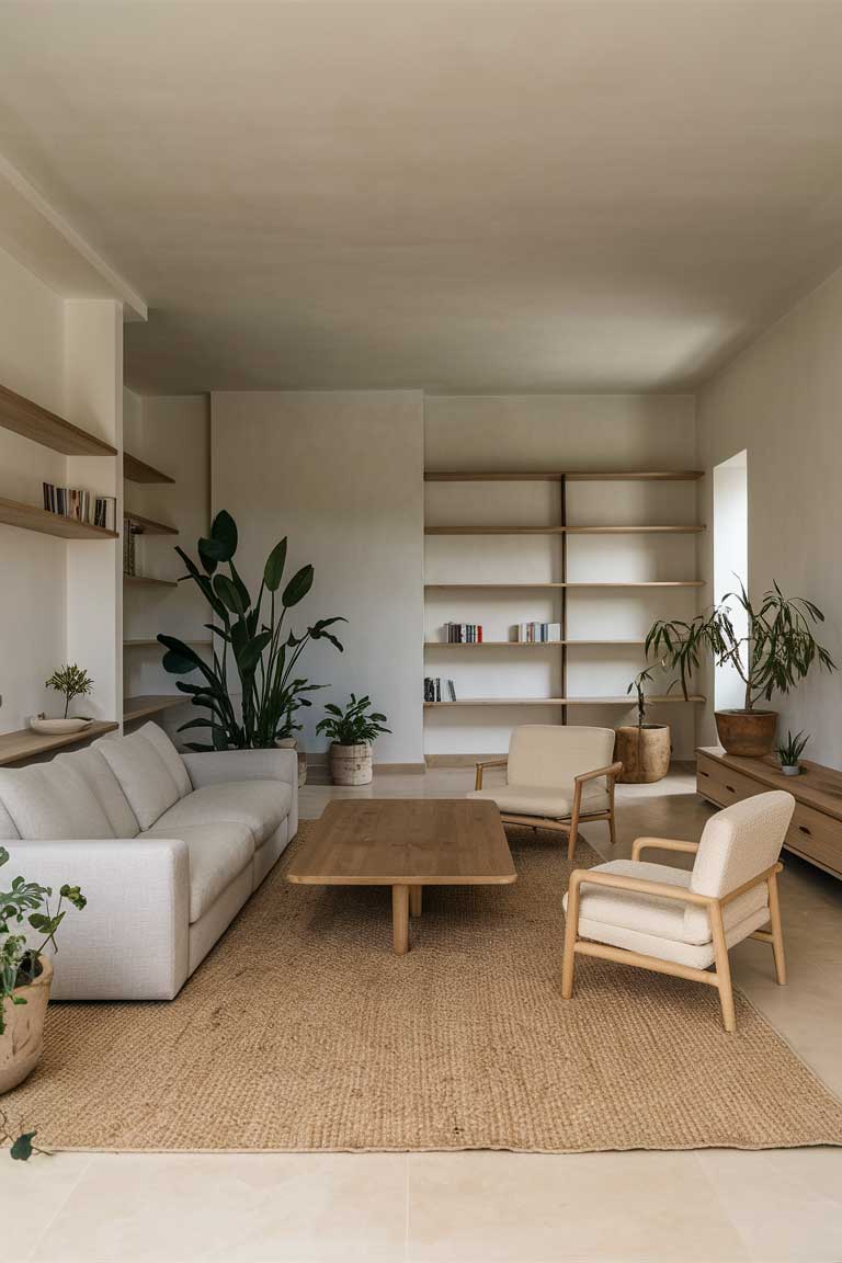 A serene, neutral minimalist living room centered around a light gray couch. A large beige area rug covers most of the floor, and two cream-colored accent chairs are positioned nearby. A substantial wooden coffee table anchors the seating area, and open wooden shelving units line one wall. Several plants of varying sizes are strategically placed throughout the room, including a large floor plant in one corner and smaller potted plants on the shelves.