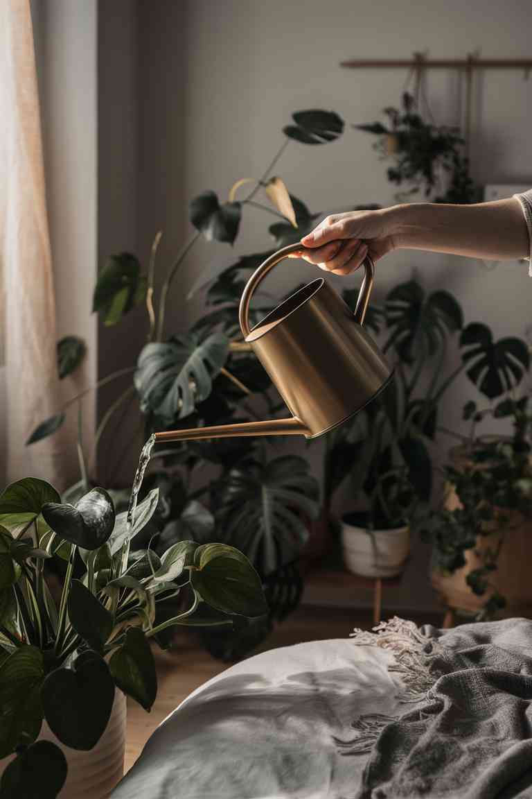 A close-up of a person's hand using a minimalist watering can to water a medium-sized plant in a Japandi-style bedroom. The watering can is made of brushed brass, complementing the room's aesthetic. In the background, various plants are visible, showcasing different sizes and leaf types. A ray of soft light coming from a nearby window highlights the scene, emphasizing the importance of both water and light for plant care.