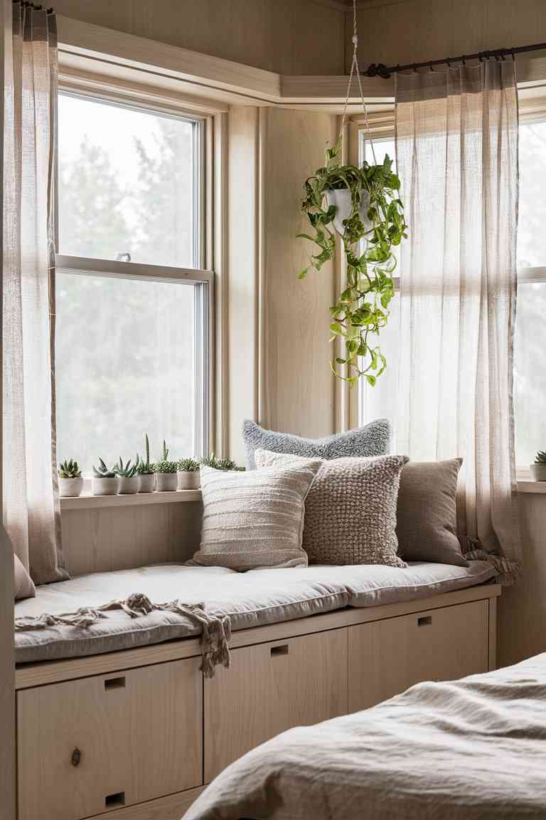 A Japandi-style bedroom featuring a built-in window seat with light wood finish. The seat is topped with neutral cushions and a few textured throw pillows. On the windowsill, a row of small succulents in simple ceramic pots adds a touch of green. A hanging planter with a trailing pothos is suspended from the ceiling next to the window. Soft natural light filters through sheer linen curtains, creating a peaceful reading nook.