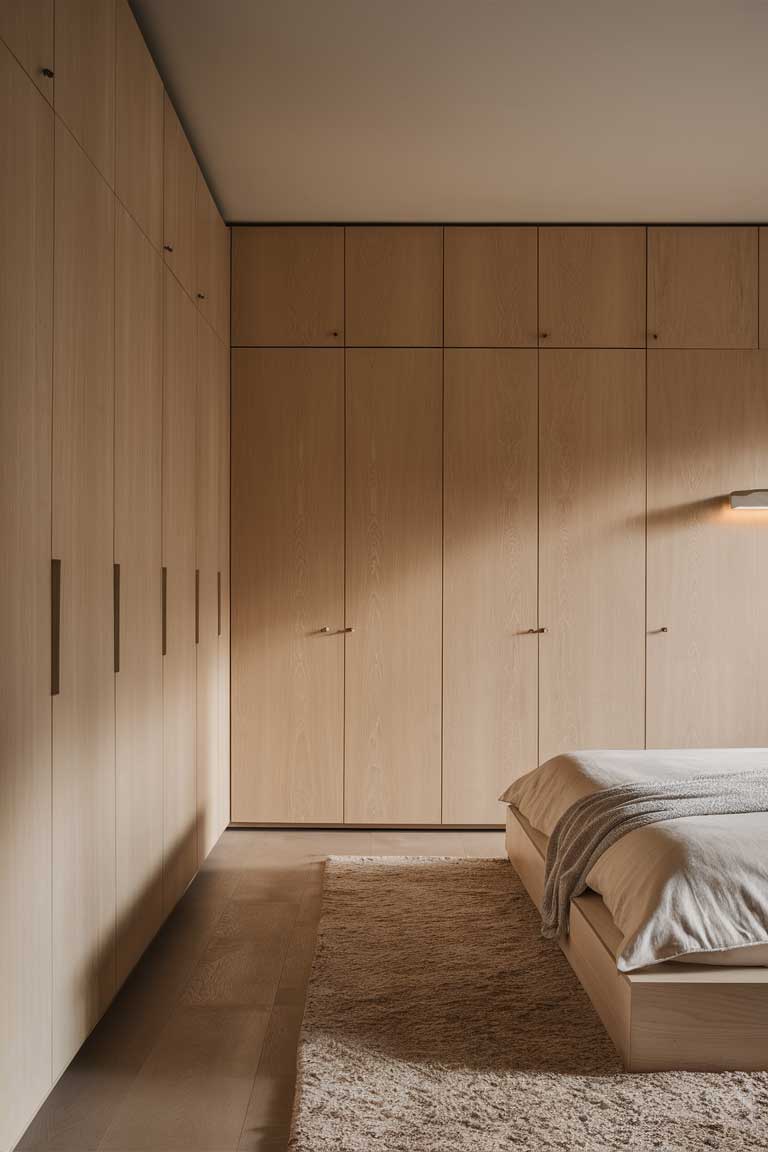 A full view of a small bedroom with a wall-to-wall built-in wardrobe in pale wood. The wardrobe doors are flat and handleless, with a subtle push-to-open mechanism. The wardrobe's simplicity and integration with the wall make the room feel spacious and organized.