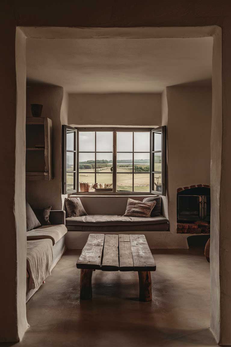 A minimalist farmhouse living room, exuding warmth and simplicity. The room features a cozy couch, a rustic wooden coffee table, and a large window showcasing a picturesque countryside view. The walls are painted in soft, neutral colors, and the room is illuminated by natural light. The overall ambiance is peaceful, creating an inviting atmosphere for relaxation and tranquility.