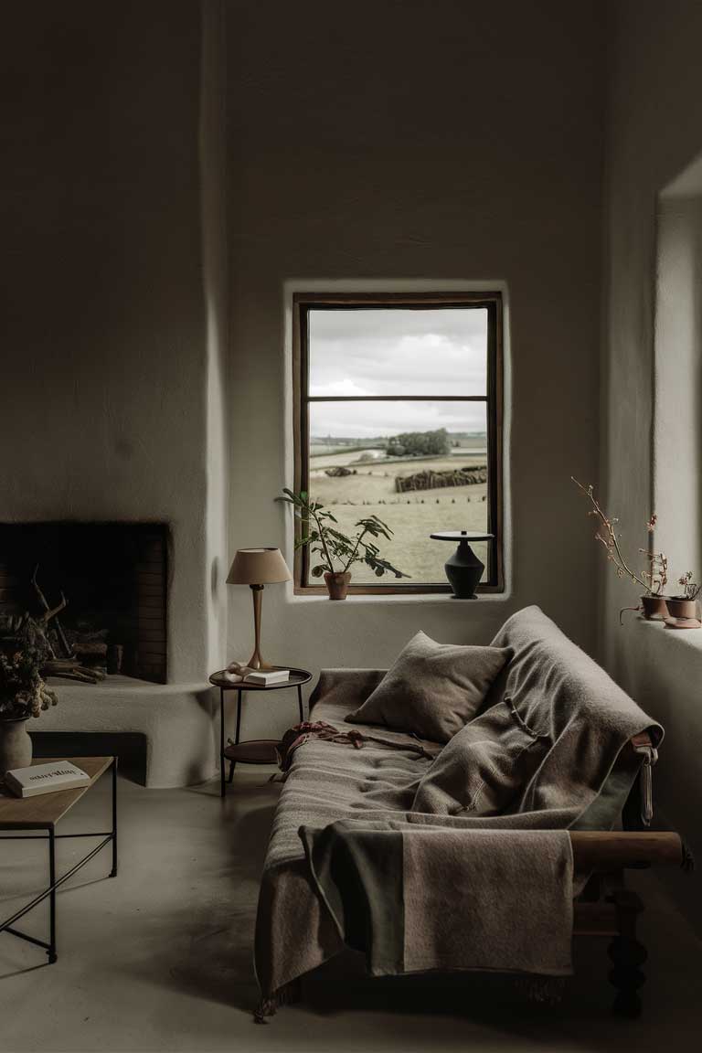 A minimalist farmhouse living room, exuding warmth and simplicity. The room features a cozy fireplace, a large window with a picturesque view of the farmland, and a comfortable sofa with muted, earthy tones. There's a small side table with a lamp and a book, and a few potted plants bring a touch of nature indoors. The overall atmosphere is tranquil and inviting, perfect for relaxing after a day of work on the farm.