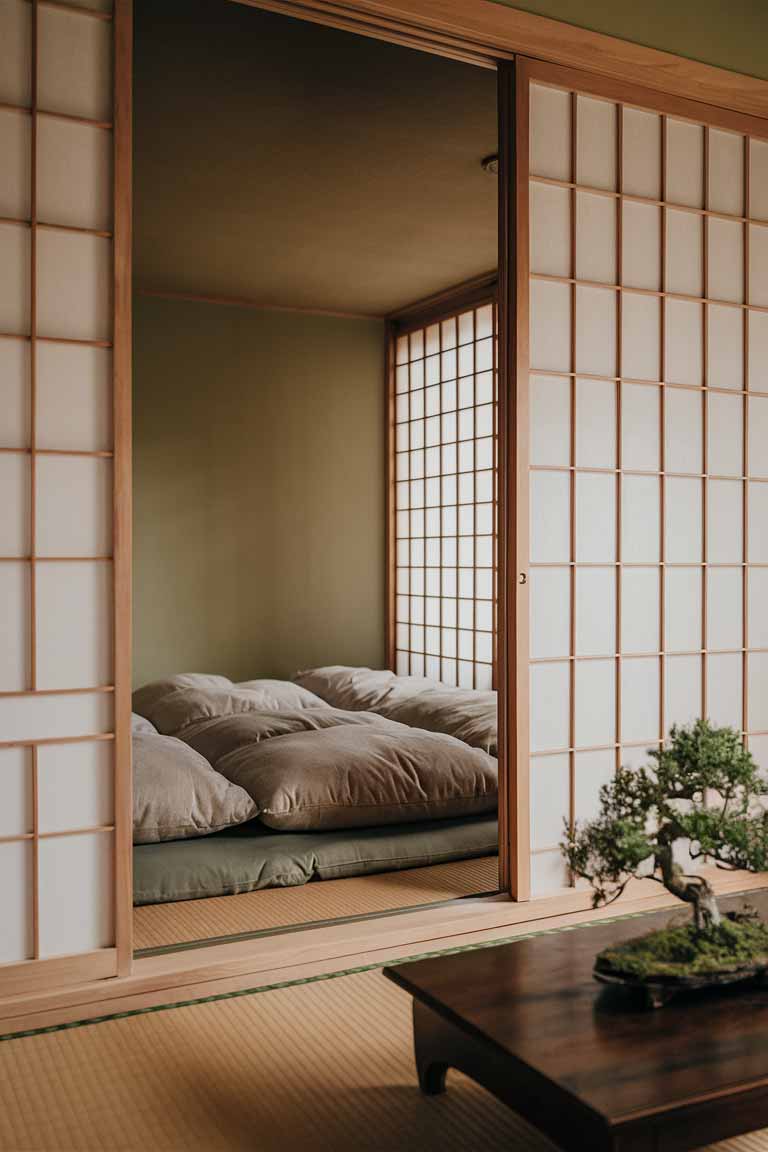 A tiny house bedroom designed as a Zen retreat. The room features a low futon bed on tatami mats. A shoji screen divides the sleeping area from the rest of the space. The color palette is neutral, with soft greens and browns. A small bonsai tree sits on a low wooden table, and soft, warm lighting creates a peaceful ambiance.