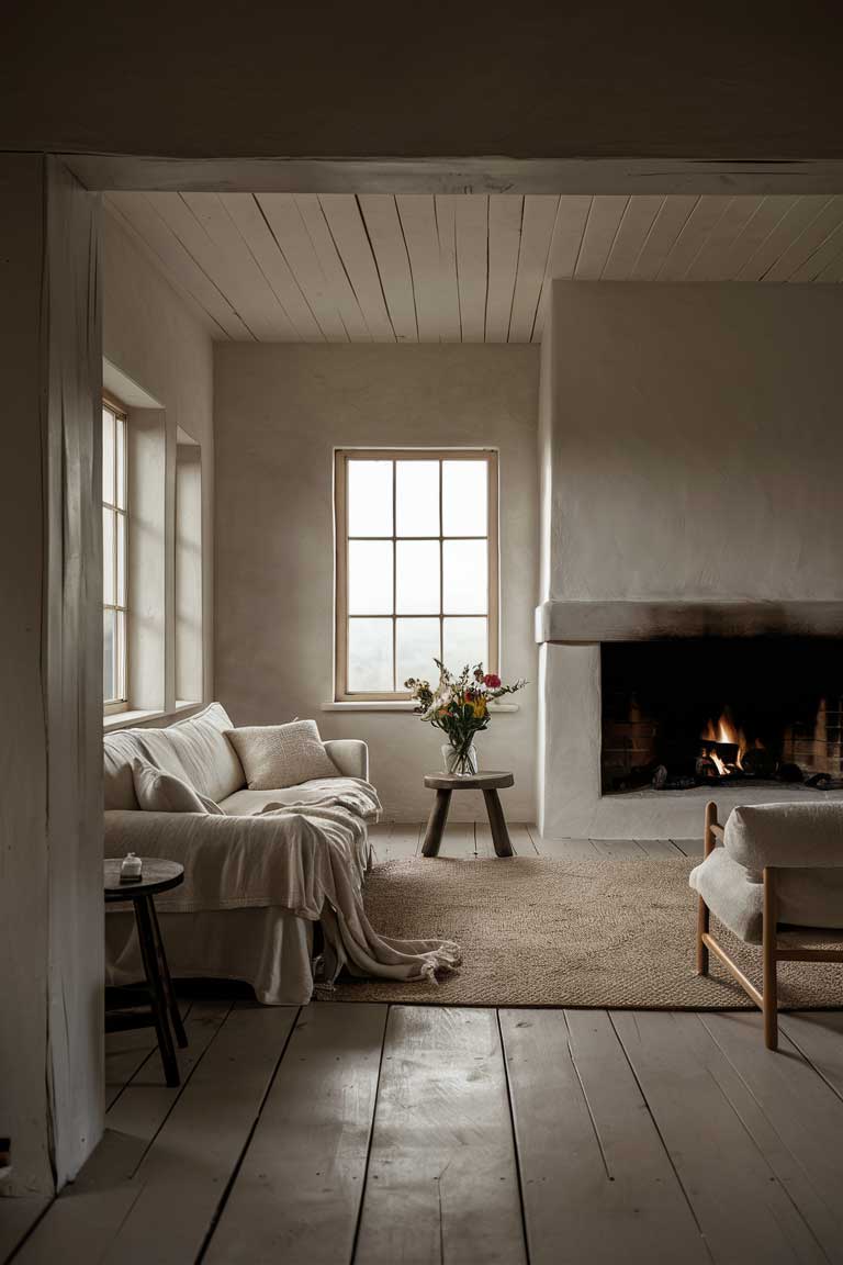 A minimalist farmhouse living room, with a warm and inviting atmosphere. The room features a simple yet elegant palette of neutral colors, including white walls, wooden flooring, and a cozy beige sofa. The focal point of the room is a large, rustic fireplace with a burning fire that casts a gentle glow. A few carefully selected decorative pieces, such as a vase of fresh flowers and a wooden stool, add a touch of sophistication to the space. Large windows let in an abundance of natural light, creating a sense of connection to the surrounding nature.
