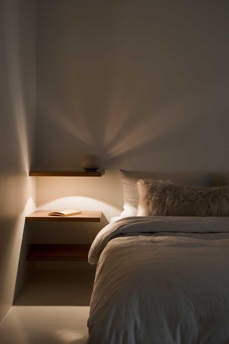 A tiny bedroom where a simple floating shelf serves as a minimalist nightstand beside the bed. A small lamp and a book are the only items on the shelf, maintaining the clean, uncluttered look.