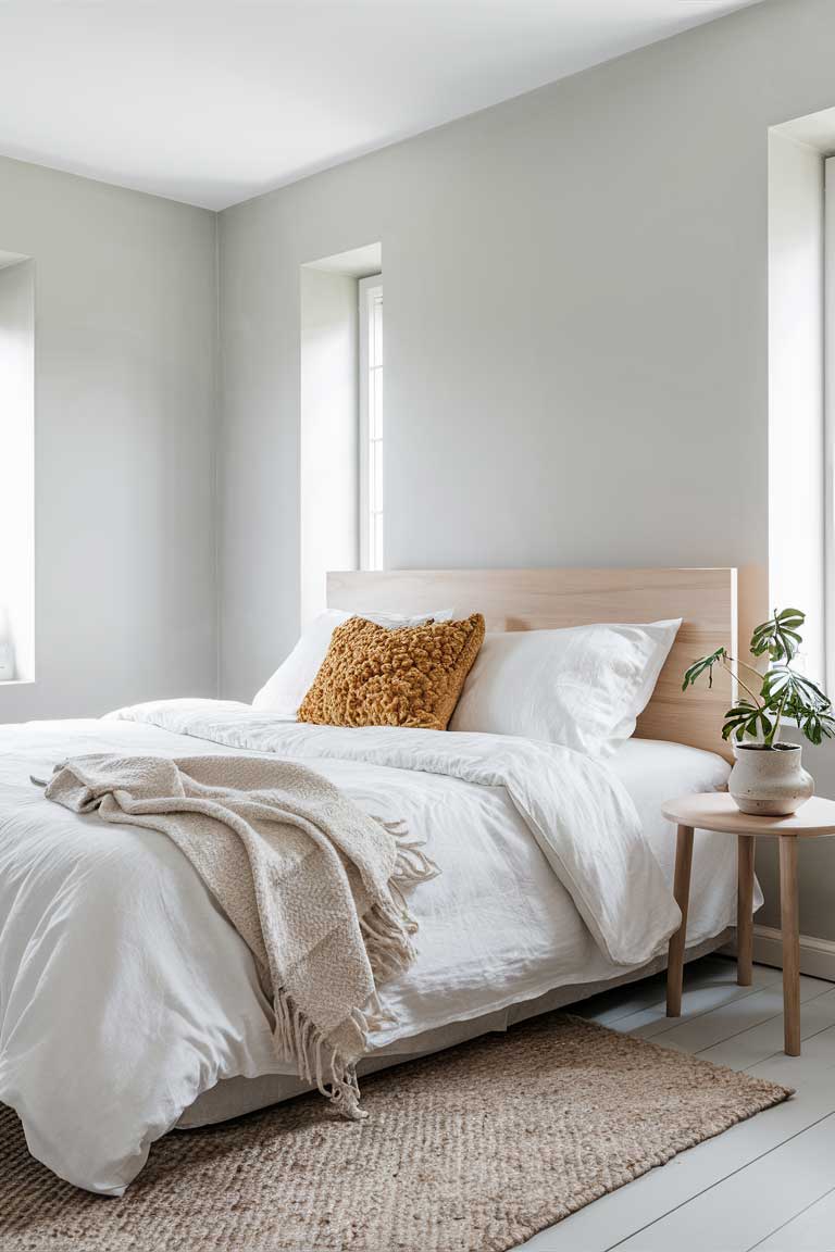 A predominantly white bedroom with light grey walls. The bed has crisp white linens with a single mustard yellow throw pillow as the focal point. A small potted plant on the bedside table adds a touch of green.