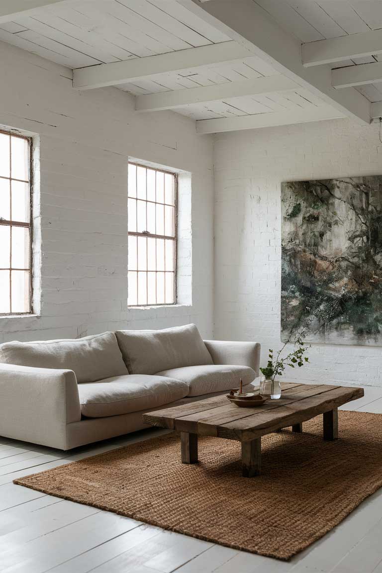 A serene rustic minimalist living room with white walls, featuring a low-profile beige linen sofa, reclaimed wood coffee table, and jute rug. Large windows allow natural light to flood the space, highlighting a single large piece of nature-inspired abstract painting on the wall.