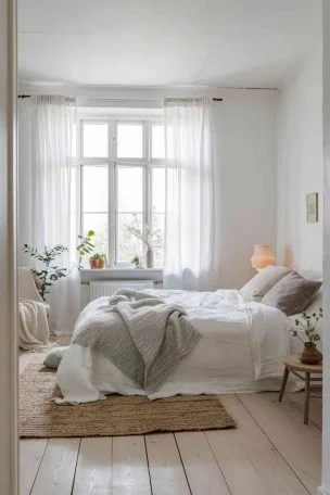 A wide-angle view of a serene Scandinavian minimalist bedroom with white walls, light wood flooring, and a large window letting in natural light. The bed has crisp white linens and a light gray throw. A simple wooden nightstand holds a ceramic lamp and a small potted plant. The room features minimal decor, emphasizing clean lines and a calm atmosphere.