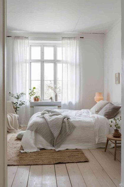 25 Scandinavian Minimalist Bedroom Ideas: Nordic Bliss 30 A wide-angle view of a serene Scandinavian minimalist bedroom with white walls, light wood flooring, and a large window letting in natural light. The bed has crisp white linens and a light gray throw. A simple wooden nightstand holds a ceramic lamp and a small potted plant. The room features minimal decor, emphasizing clean lines and a calm atmosphere.