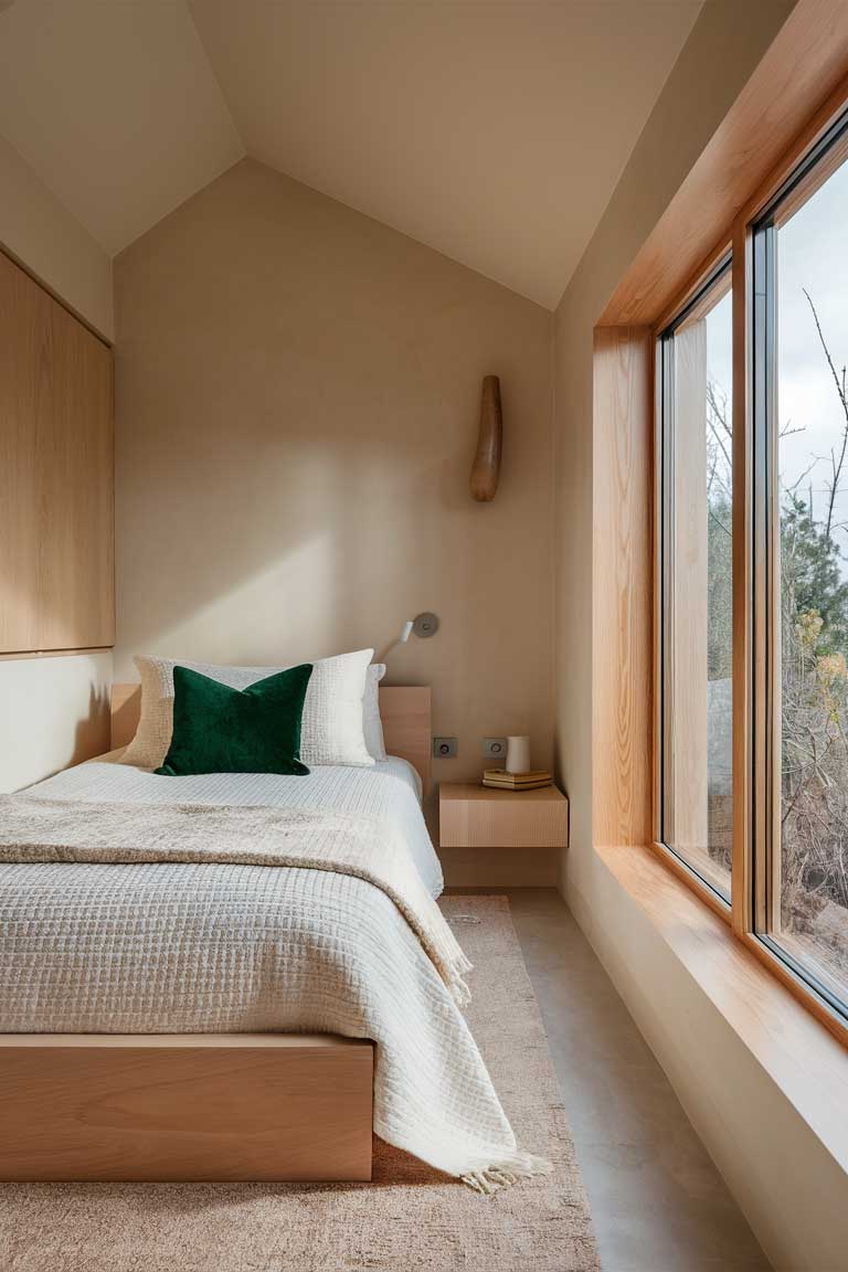 A serene tiny bedroom with soft beige walls, a white bedspread, and light wood accents. A single emerald green throw pillow adds a pop of color, while natural light from a large window enhances the airy feel.