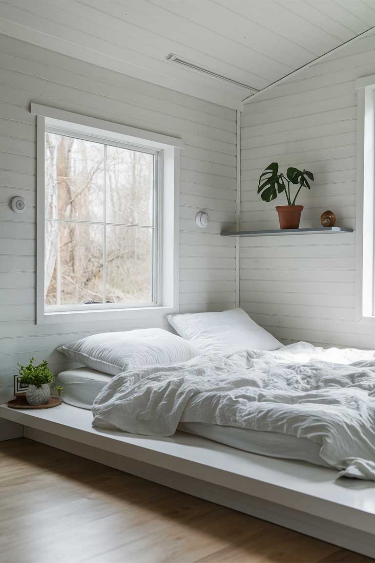 A serene tiny house bedroom with white walls, a low platform bed with crisp white linens, and a single potted plant on a floating shelf. Natural light streams through a large window, highlighting the clean lines and uncluttered space.