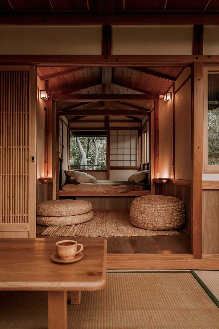 A cozy Japanese tiny house interior featuring warm wood tones, bamboo accents, and natural fiber furnishings, creating a serene and inviting atmosphere.