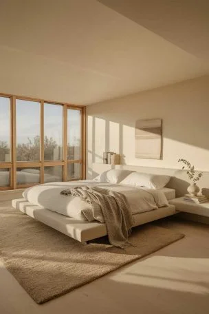 A well-lit minimalist bedroom with a large bed, simple nightstands, and a few carefully chosen decor items. The room features neutral colors, clean lines, and large windows allowing natural light to flood the space.