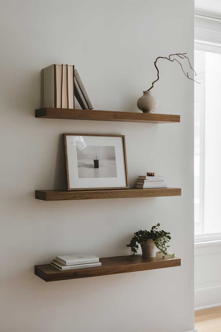 A set of three floating wooden shelves on a white wall. Each shelf holds a minimal arrangement of objects: a small stack of books with neutral-colored spines, a ceramic vase with a single branch, and a simple framed black and white photograph. The negative space around each object is as important as the items themselves.