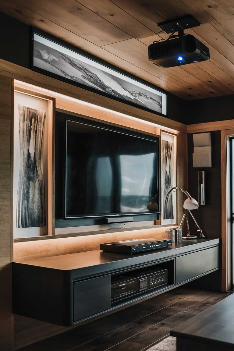 A modern tiny house living room with a smart media setup. A large flat-screen TV is mounted on the wall, with a floating media console beneath it. The console houses a compact sound system and has hidden storage for media devices. A small projector is mounted on the ceiling, ready to project onto the opposite wall for a true home theater experience.