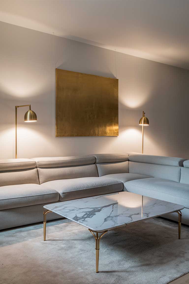 A minimalist living room with a light gray sectional, a marble-top coffee table with gold legs, and gold-accented floor lamps. A single large abstract gold painting hangs above the sofa.