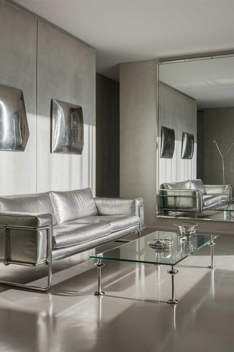 A minimalist living room with a silver metallic sofa, a glass coffee table with chrome legs, and a few metallic decor pieces on the walls. A single large mirror hangs opposite the sofa, reflecting the metallic elements.