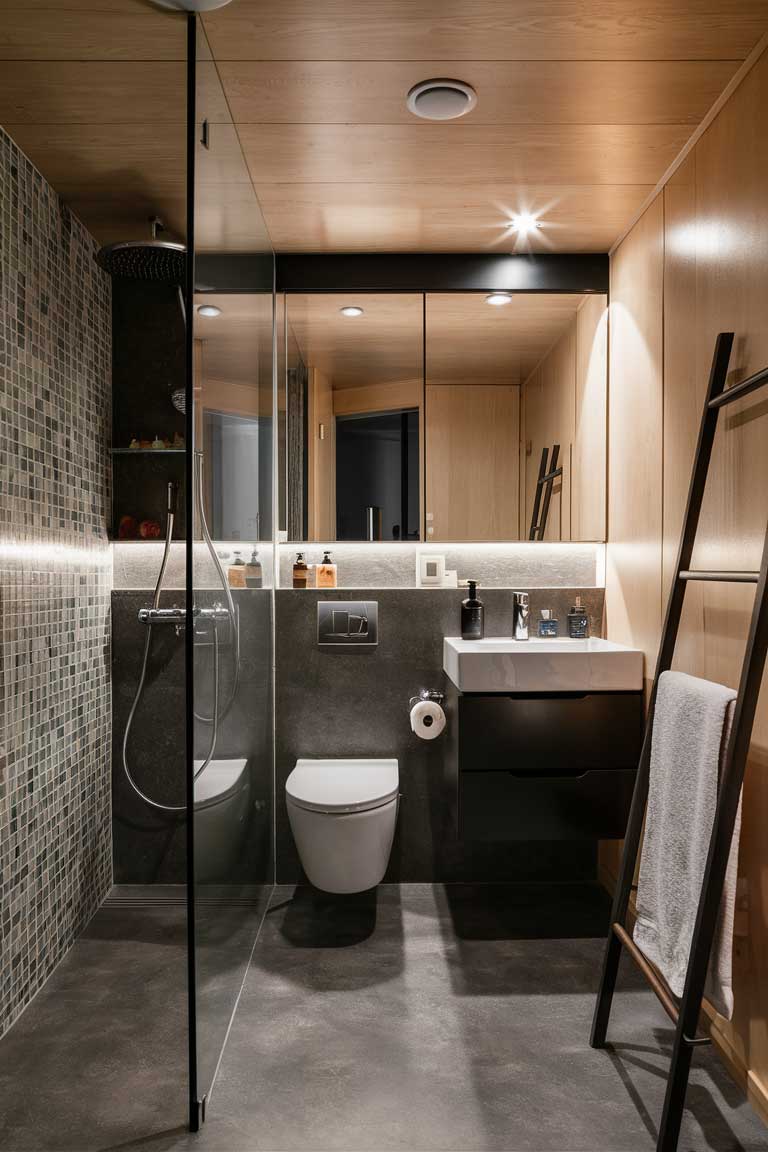 A sleek and modern tiny house bathroom utilizing a wet room concept. A glass panel partially separates the shower area from the rest of the space. A wall-mounted toilet and floating vanity maximize floor space. A large mirror above the sink reflects light, making the room feel larger. A ladder-style towel rack adds both storage and visual interest.