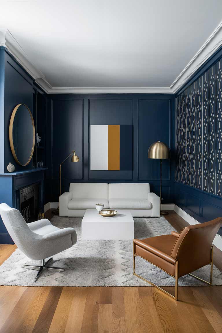 A modern minimalist living room with navy blue walls. A low-profile white sofa sits center stage, accompanied by two side chairs – one in light gray molded plastic and one in cognac leather. A large round mirror hangs on one wall, while the opposite wall features navy blue geometric wallpaper. A sleek white coffee table and a modern floor lamp in brushed gold complete the look. A single piece of abstract art in navy, white, and a pop of mustard yellow provides a focal point.