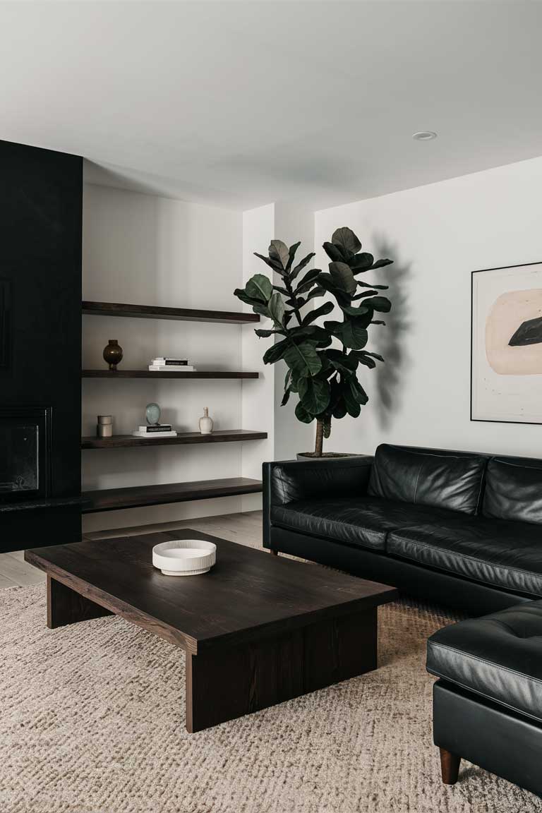 A sleek black minimalist living room with a dark wood coffee table, a black leather sofa, and a single large potted plant in the corner. Minimalist wooden shelves hold a few curated decor pieces.