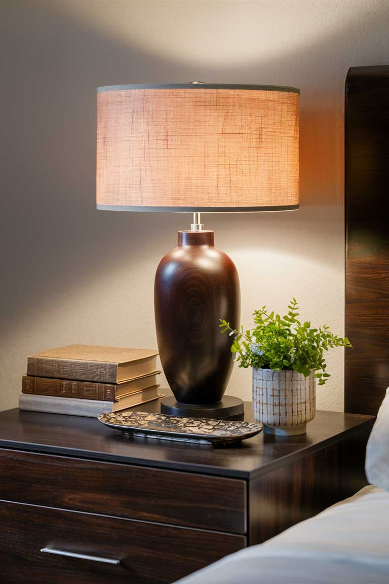 A bedside table made of dark wood, topped with a table lamp. The lamp has a wooden base and a paper shade, casting a warm, soft glow over the surrounding area. A few books and a small plant sit next to the lamp.