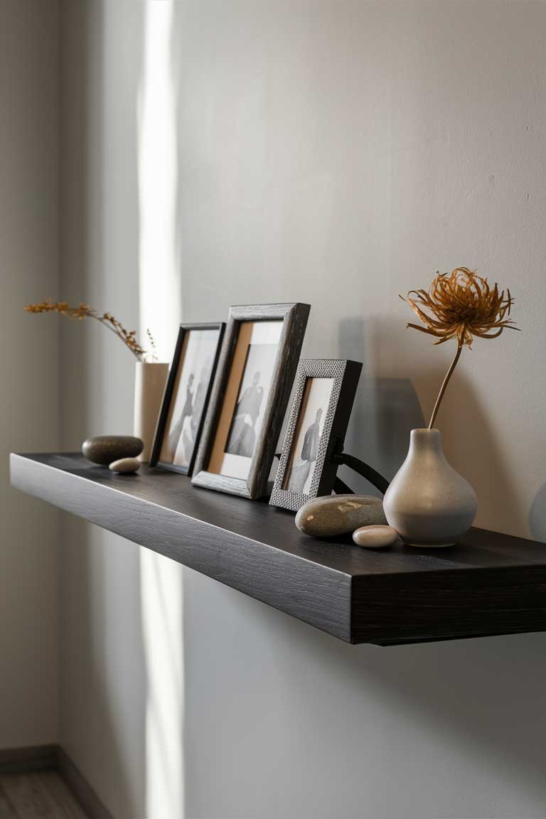 A floating shelf in dark wood mounted on a light gray wall. The shelf displays a carefully curated collection of items: a few framed black and white family photos, a small ceramic vase with a dried flower stem, and a couple of smooth river stones collected from travels.