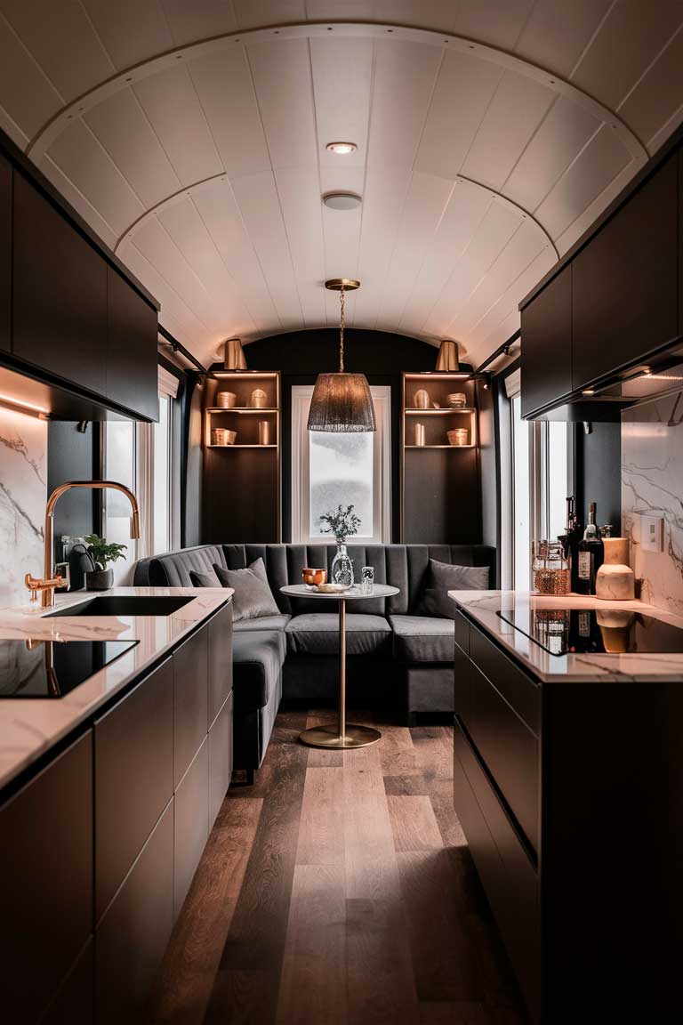 A sleek, luxurious tiny house interior with a monochromatic color scheme. A small but high-end kitchen features marble countertops and streamlined cabinetry. The living area showcases a compact, modern sofa in a rich charcoal gray. Elegant accent pieces in gold or brass add touches of glamour. The lighting is warm and sophisticated, with a statement pendant light over a small dining area. Despite the limited space, the overall feel is one of refined luxury.