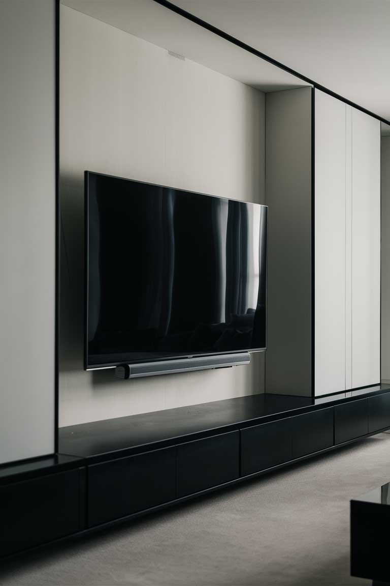 A minimalist living room with a large wall-mounted flat-screen TV above a sleek, low-profile black entertainment unit.