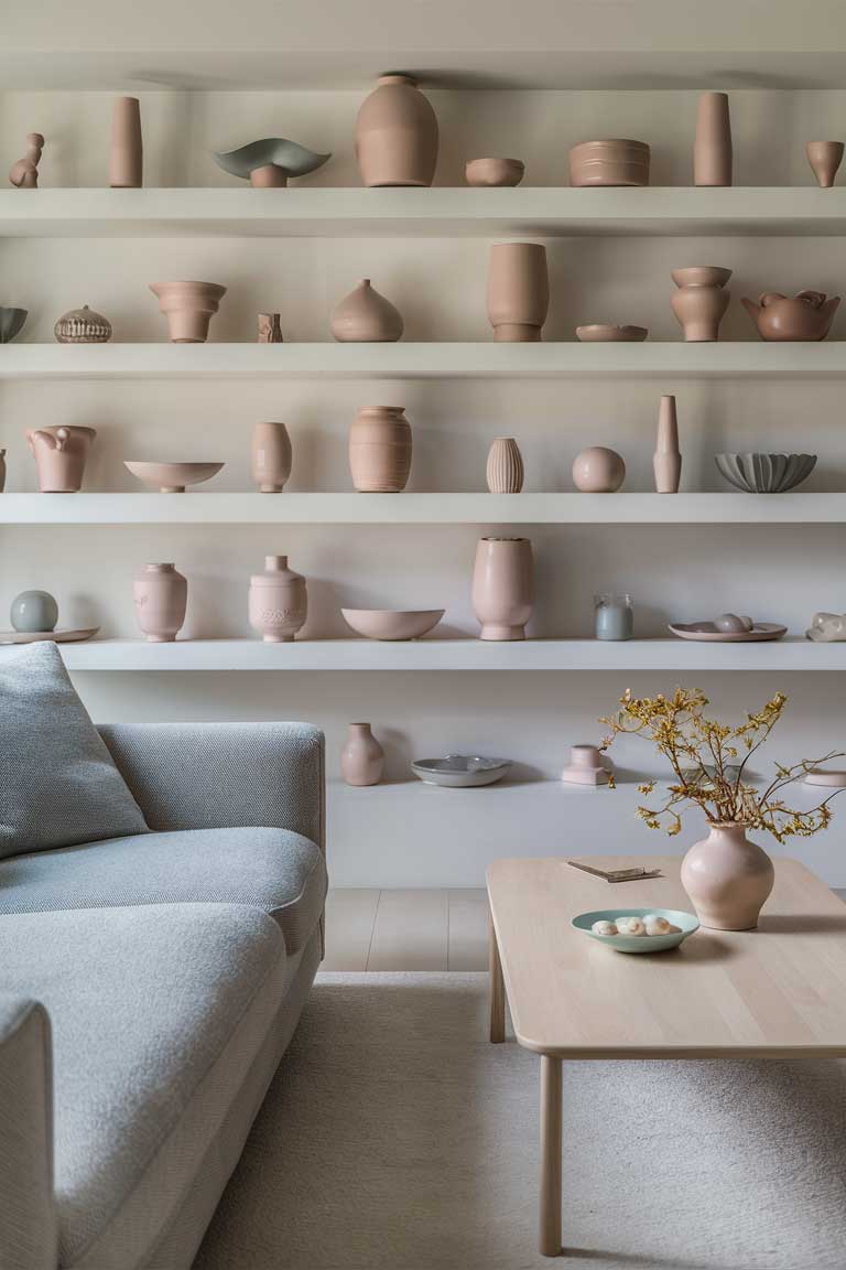 A minimalist living room with a light gray sofa, a light wood coffee table, and a collection of pastel-colored ceramic vases, bowls, and decorative objects arranged in a visually striking, minimalist display.