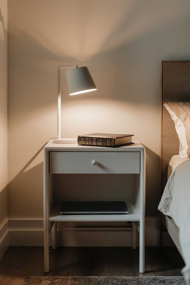 A close-up of a sleek, white nightstand with a drawer and an open shelf below. On top, there's a minimalist lamp and a book, while the shelf houses a laptop, suggesting its dual functionality as a workspace.