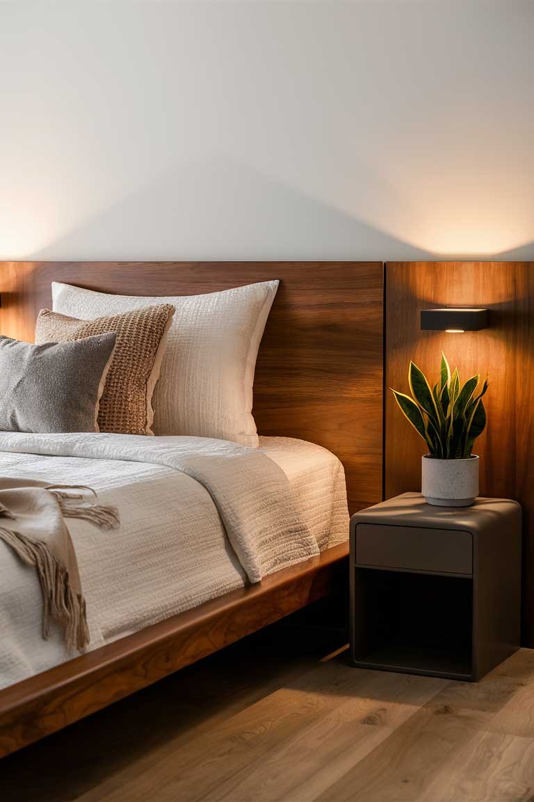 A sleek wooden bed frame with clean lines, complemented by a single potted snake plant on a simple nightstand. The contrast between the warm wood tones and the crisp white bedding creates a serene atmosphere.