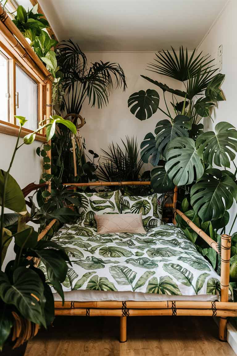 A tiny house bedroom bursting with tropical plants. It features a bamboo bed frame with green and white leaf-patterned bedding. Large monstera and palm plants are placed in corners and hanging from the ceiling.