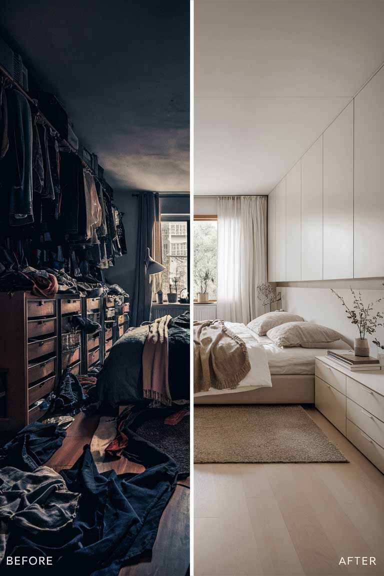 A before-and-after split image of a bedroom. The 'before' side shows a cluttered space with clothes strewn about and too much furniture. The 'after' side reveals a serene minimalist bedroom with only essential pieces and clear surfaces.