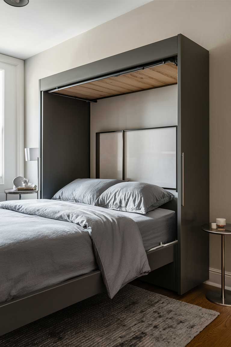 A small bedroom featuring a sleek, modern convertible bed partially retracted into a stylish wall unit. The exposed portion of the bed is neatly made with gray bedding, while the surrounding space showcases minimalist decor.