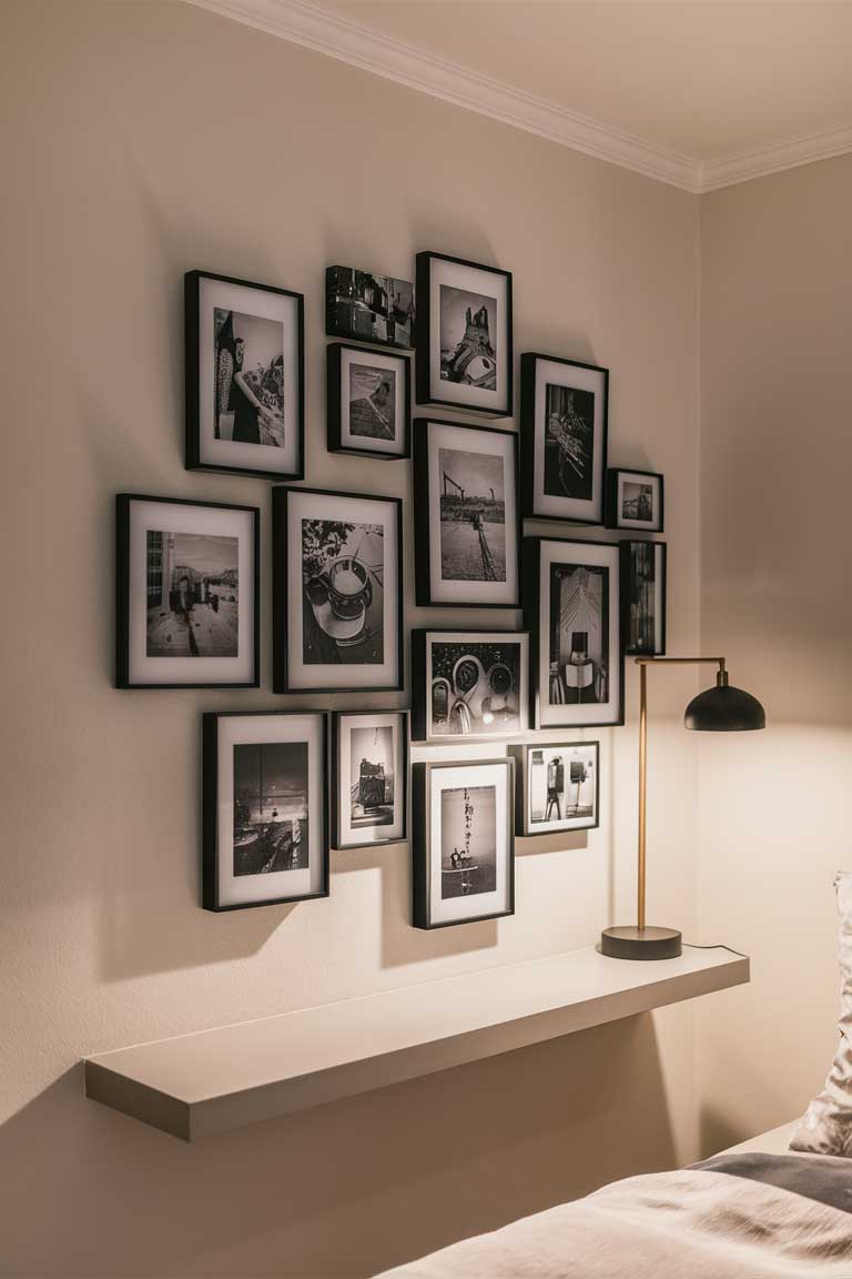 A bedroom wall with a small gallery of black and white photographs in thin black frames. The arrangement is asymmetrical but balanced, adding interest to the wall without cluttering it.