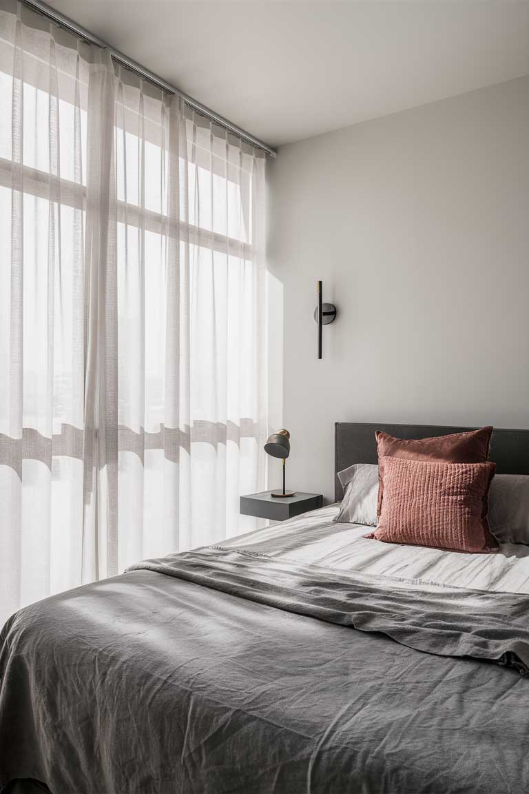 A small bedroom with a large window covered by sheer white curtains, flooding the room with soft natural light. A sleek wall sconce above the bed and a small bedside lamp on a floating shelf provide layered artificial lighting options.