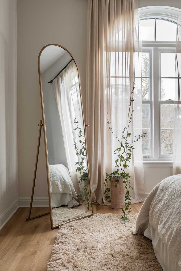 A full-length mirror positioned opposite a window, reflecting natural light and seemingly doubling the size of the small bedroom. The mirror has a thin, metallic frame that adds a touch of elegance.