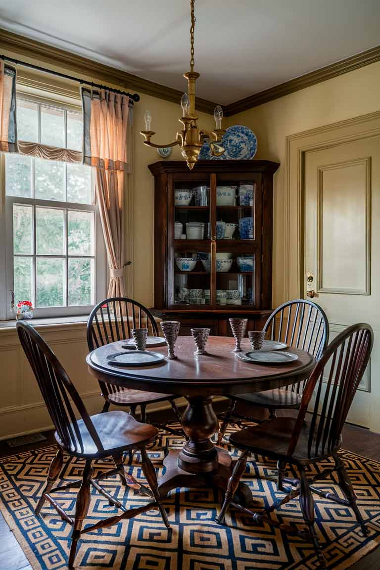 A small colonial dining area with a round pedestal table made of dark wood. Windsor chairs surround the table, which is set with pewter plates and goblets. A corner cupboard displays blue and white china. A brass chandelier hangs above the table, and a large window with cafe curtains lets in natural light. The walls are painted a warm cream color, and a geometric patterned rug sits under the table.