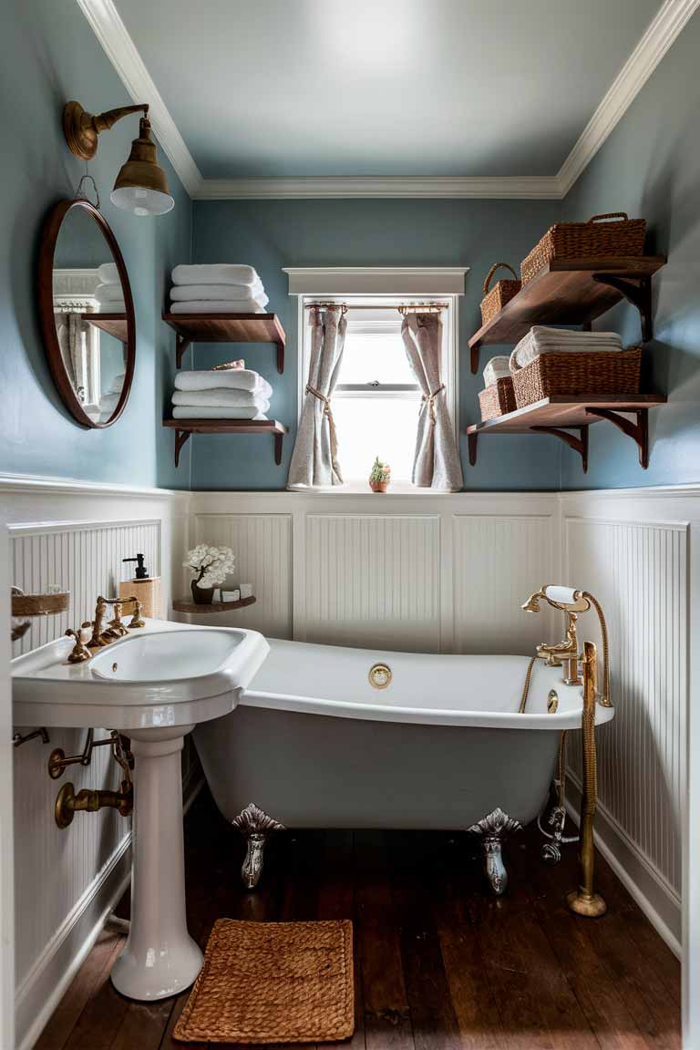 A small colonial-style bathroom with a clawfoot tub as the centerpiece. The tub has brass fixtures and sits on a wooden floor. A pedestal sink with a brass faucet stands against one wall, with a round mirror hanging above it. Open wooden shelves hold stacks of white towels and woven baskets. The walls are painted a soft blue-gray, with white beadboard wainscoting on the lower half. A small window with café curtains lets in natural light.