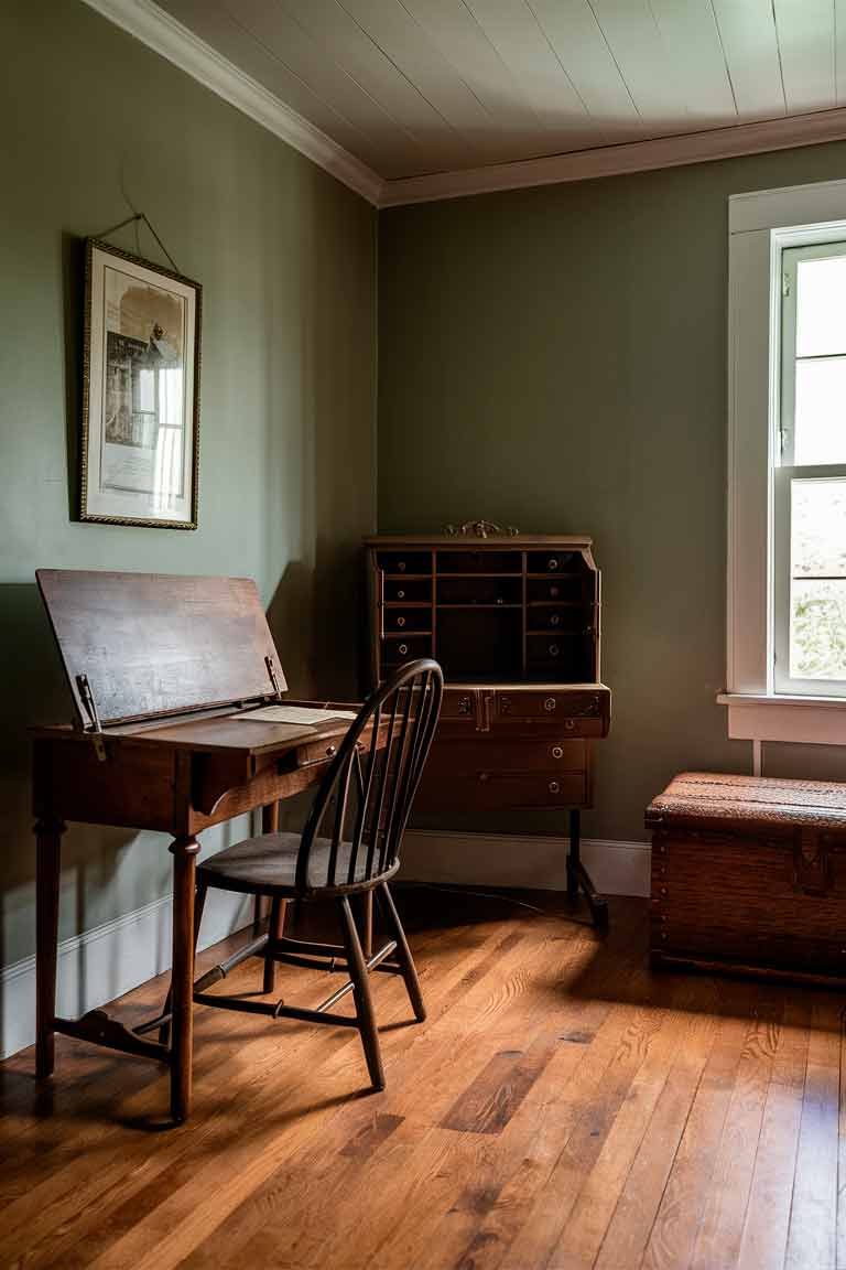 A small colonial-style room with a drop-leaf table against one wall. The table is partially opened, with one leaf up to provide a work surface. A Windsor chair is tucked underneath. Next to it, a blanket chest serves as both seating and storage. In the corner, a secretary desk is open, revealing a workspace and several small drawers.