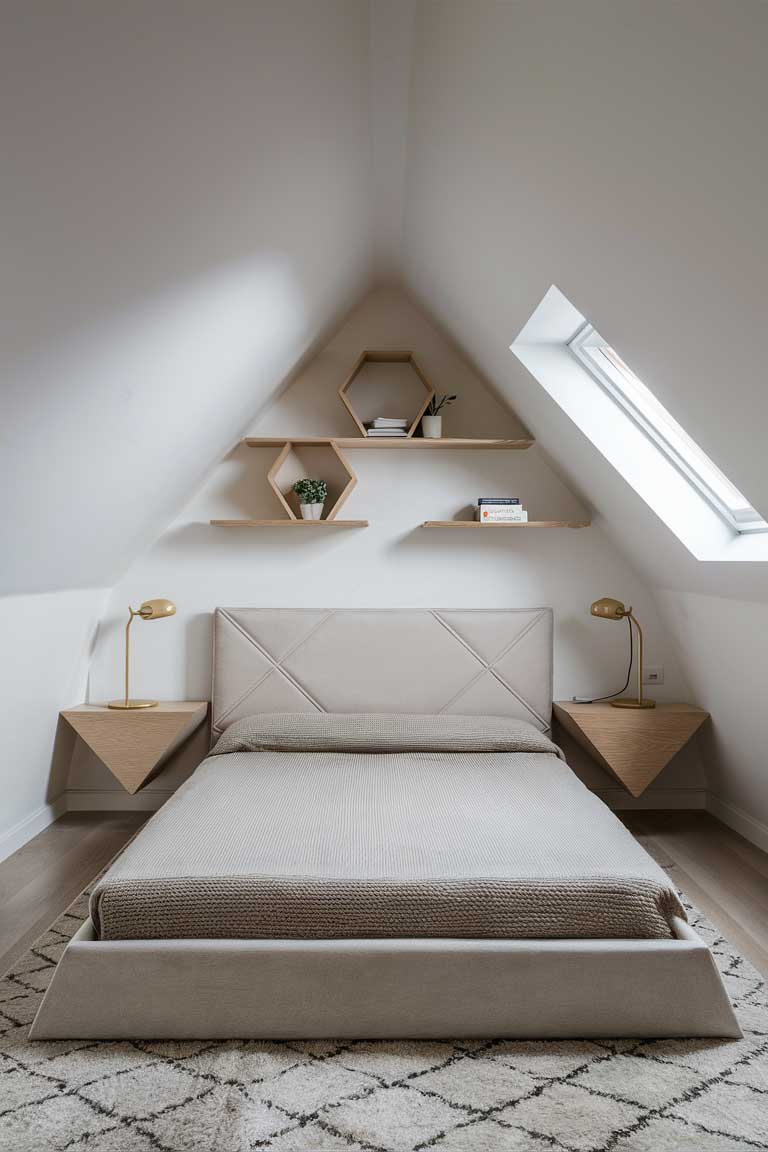 A bedroom showcasing angular furniture that complements the room's shape. A low-profile bed with a geometric headboard is flanked by triangular bedside tables, echoing the room's clean lines.