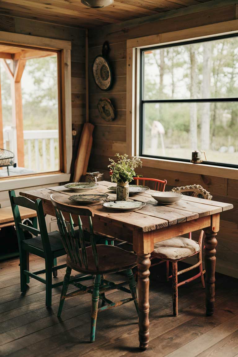 A small dining area in a tiny house featuring a reclaimed wood table with mismatched vintage chairs. The table is set with antique dishes, and a small vase of wildflowers serves as a centerpiece.