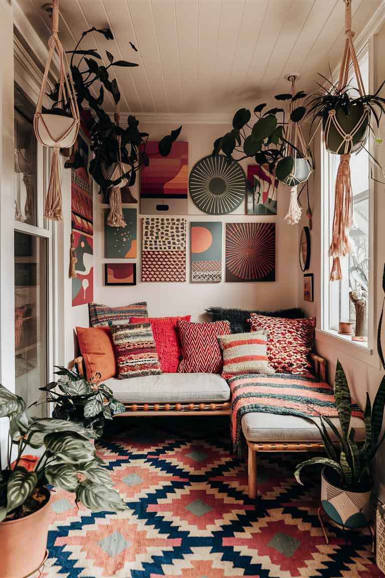 A small living room bursting with color. It features a vibrant patterned rug, a bold-colored sofa with an array of colorful throw pillows, and bright wall art. It includes hanging plants in macramé holders. The overall effect is cheerful and energetic but not chaotic.