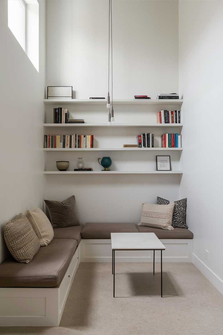 A small living room with high ceilings. A built-in bench seat runs along one wall, topped with cushions and throw pillows. Above it, floating shelves extend to the ceiling, displaying a few carefully chosen books and decor items. A small round table sits in front of the bench, and minimalist pendant lights hang from the ceiling.