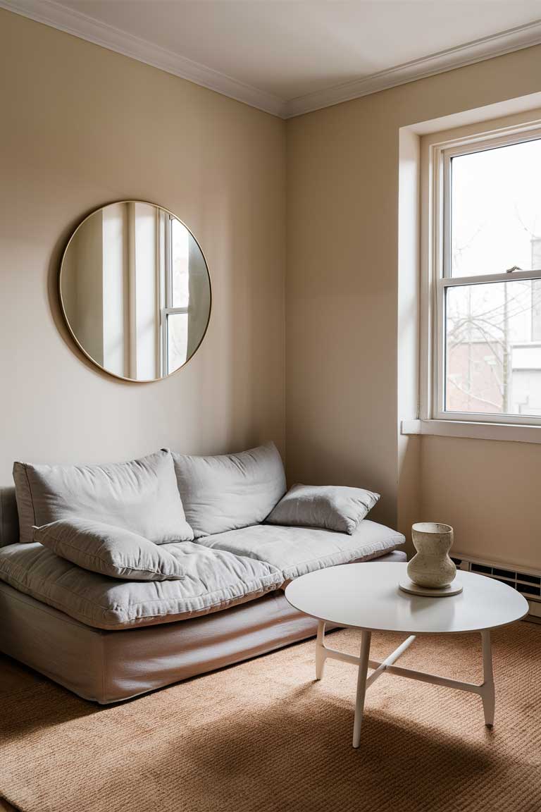 A small living room with soft beige walls