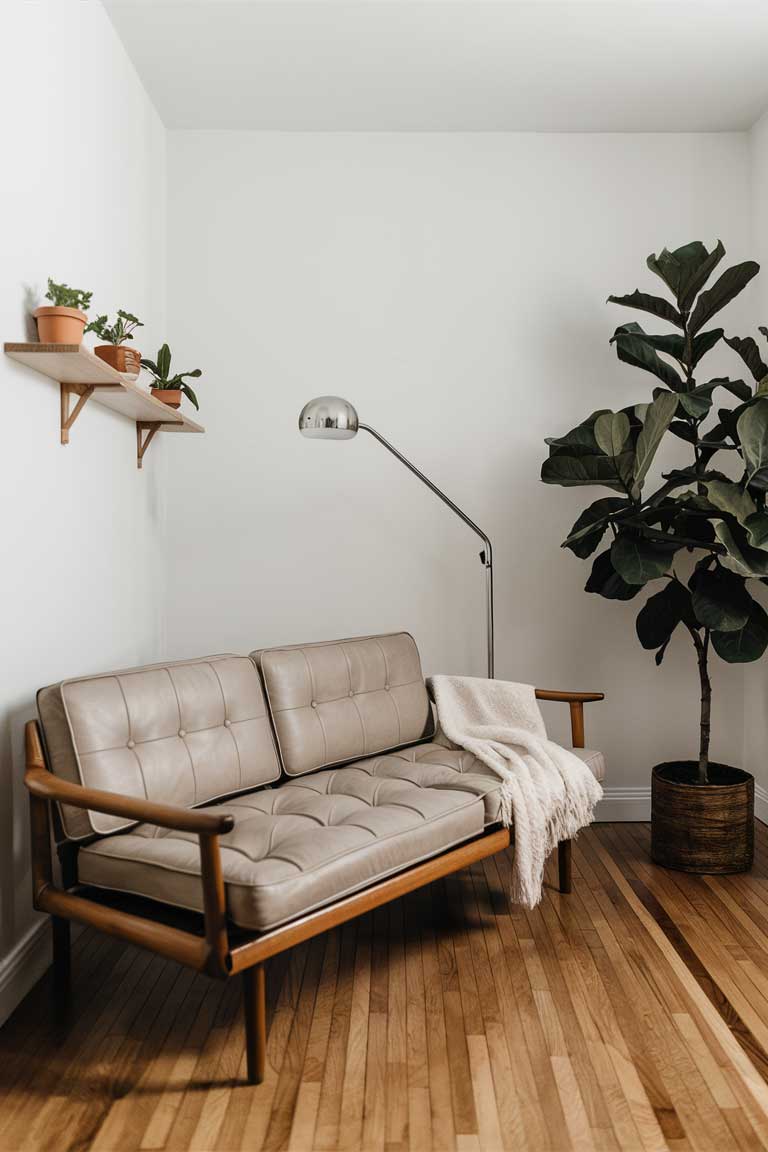 A minimalist living room with a mid-century modern sofa in light tan leather. A sleek floor lamp arches over one end of the sofa, while a floating wooden shelf on the wall holds several small potted plants. A large fiddle leaf fig tree in the corner adds height and a burst of green to the neutral space.