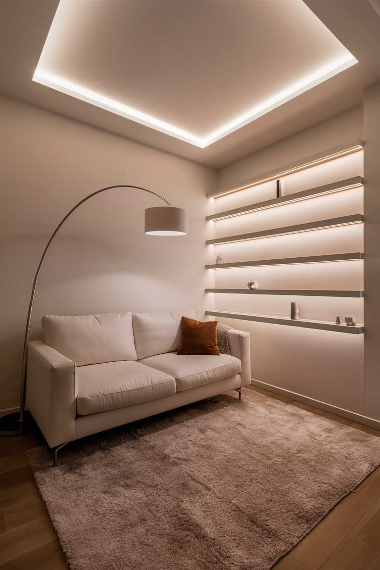 A minimalist living room with a modern white sofa and a large area rug. A sleek floor lamp arches over one end of the sofa, while recessed lighting in the ceiling provides overall illumination. Wall-mounted shelves feature integrated LED strip lighting, creating a warm glow and highlighting displayed objects.